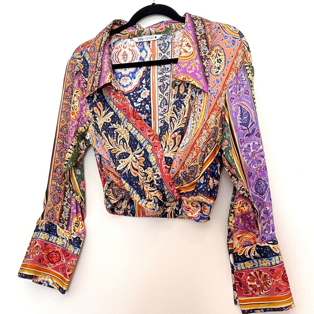 Zara Printed Paisley Wrap Top with Collar